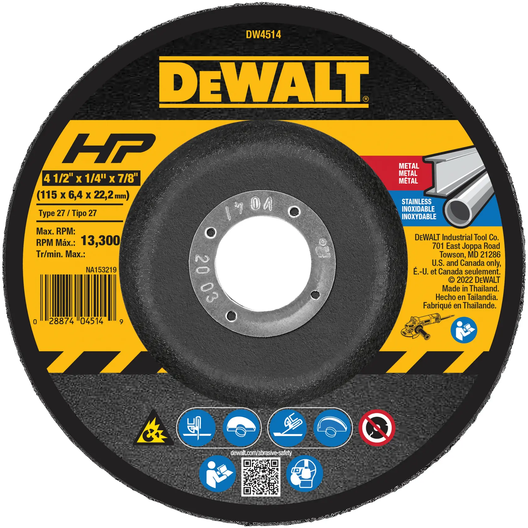 DEWALT® HP™ 4-1/2-in. x 1/4-in. x 7/8-in. T27 Grinding Wheel for Metal & Stainless