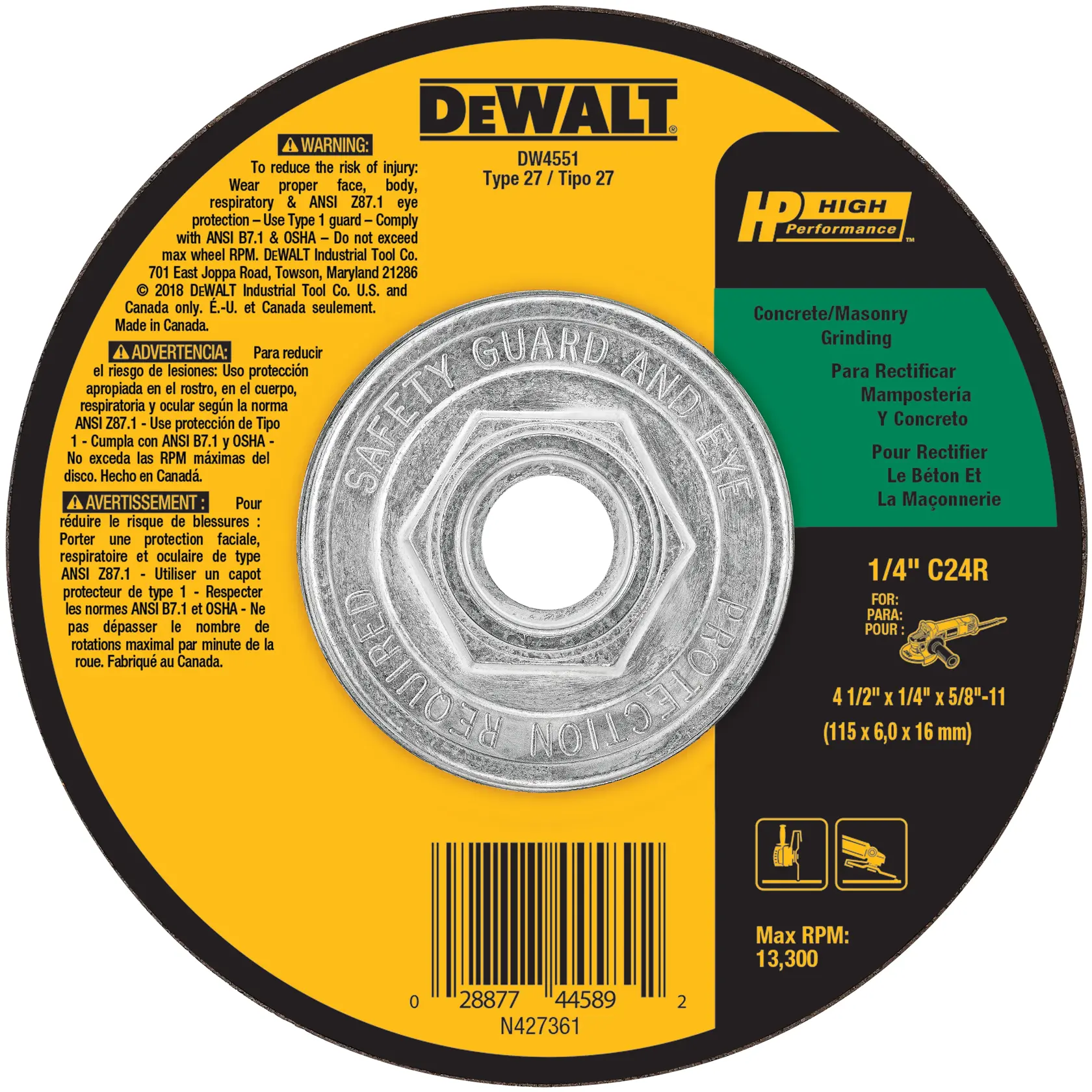 DEWALT® HP™ 4-1/2-in. x 1/4-in. x 5/8-in.-11 T27 Silicon Carbide Grinding Wheel for Concrete & Masonry