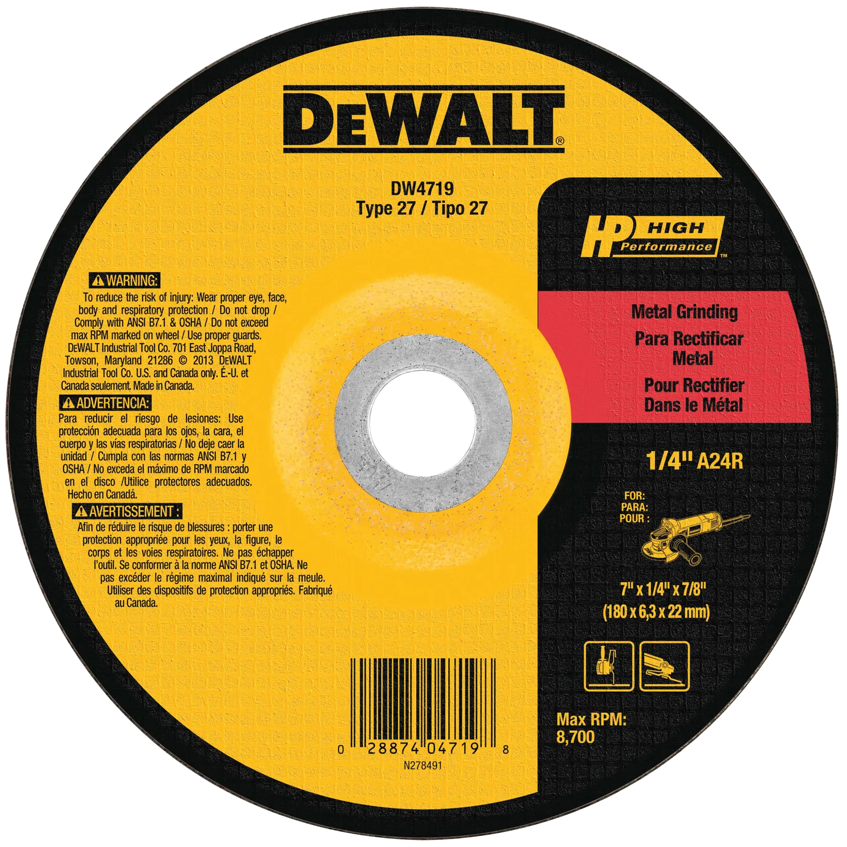 DEWALT® 7-in. X 1/4-in. X 7/8-in. High Performance Metal Grinding Wheel