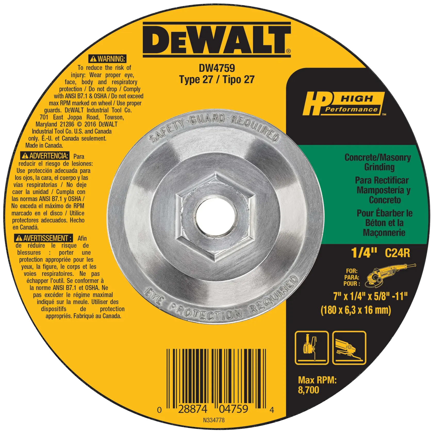 DEWALT® HP™ 7-in. x 1/4-in. x 5/8-in.-11 T27 Silicon Carbide Grinding Wheel for Concrete & Masonry