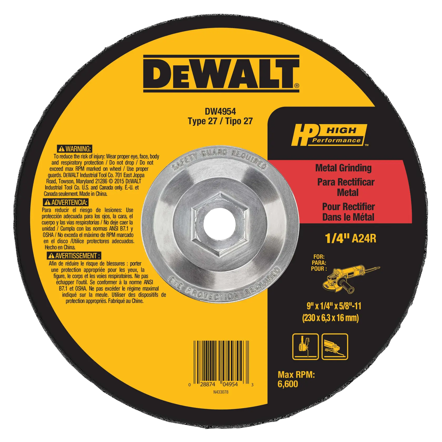 DEWALT® HP™ 9-in. x 1/4-in. x 5/8-in.-11 T27 Aluminum Oxide Grinding Wheel for Metal