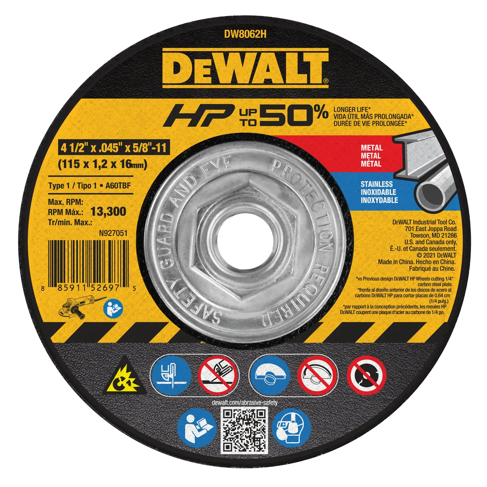 DEWALT® HP™ 4-in. x .045-in. x 5/8-in.-11 T1 Aluminum Oxide Cut-Off Wheel