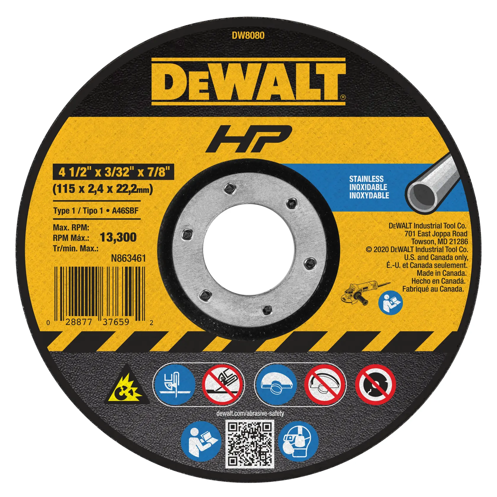 DEWALT® HP™ 4-1/2-in. x 3/32-in. x 7/8-in. T1 Cutting & Notching Wheel for Stainless
