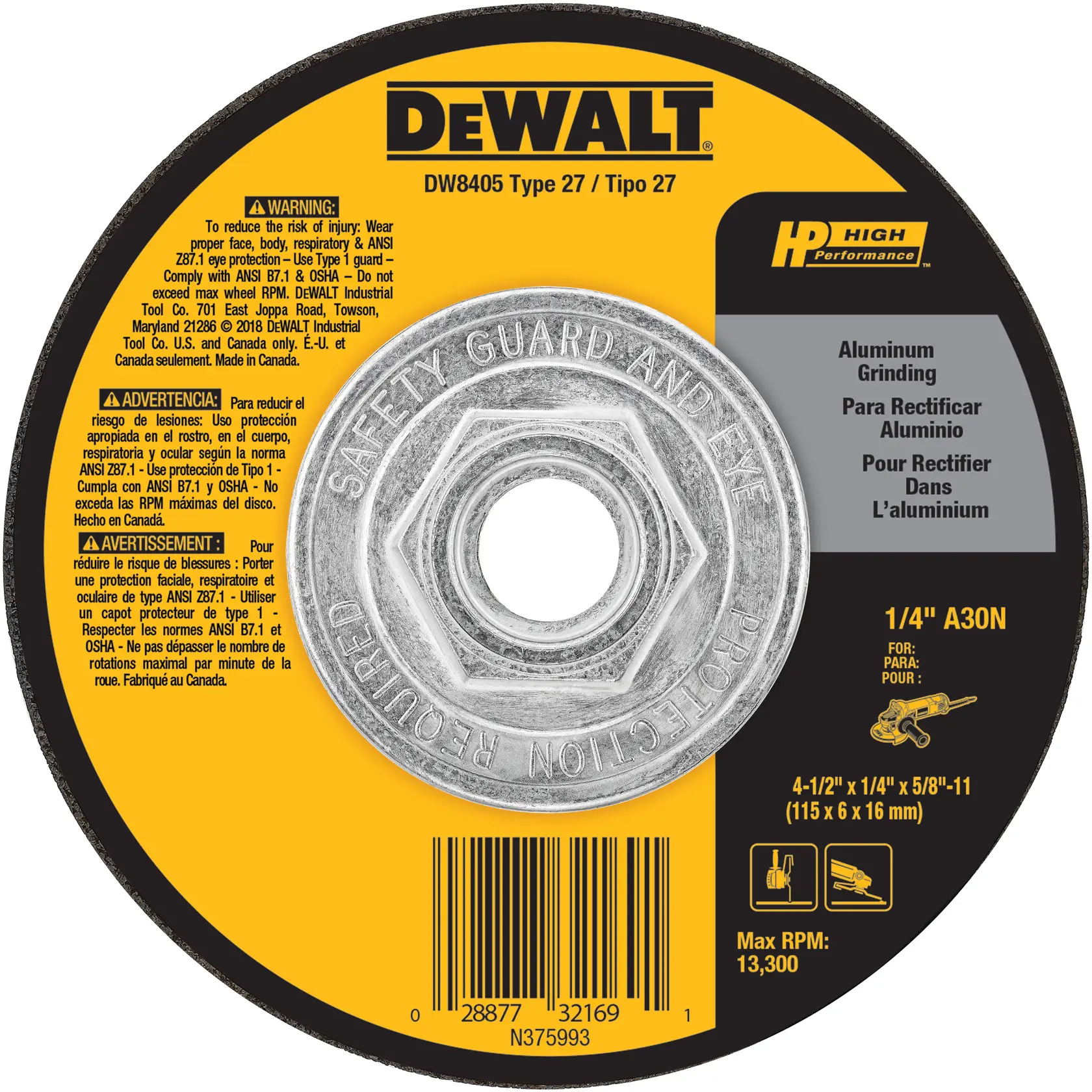 DEWALT® HP™ 4-1/2-in. x 1/4-in. x 5/8-in.-11 Aluminum Grinding Wheel
