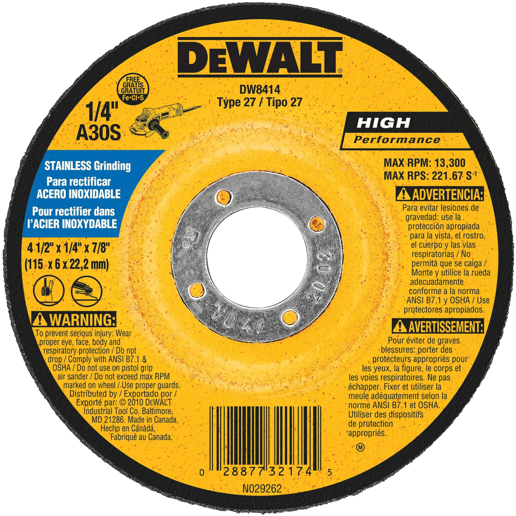 DEWALT® HP™ 4-1/2-in. x 1/4-in. x 7/8-in. Stainless Steel Grinding Wheel