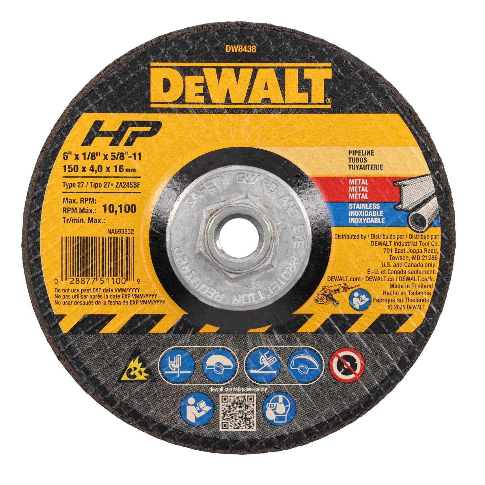 DEWALT® HP™ 6-in. x 1/8-in. x 5/8-in.-11 Metal Pipeline Grinding Wheel