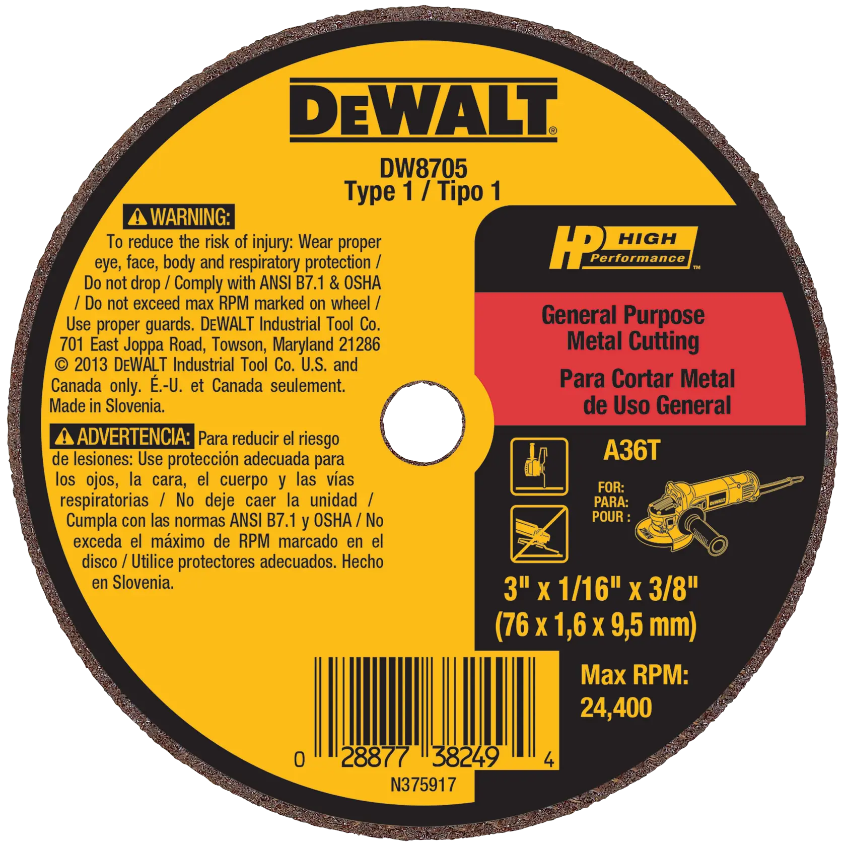 DEWALT® HP™ 3-in. x 1/16-in. x 3/8-in. A36T Metal & Stainless Cutting & Grinding Wheel