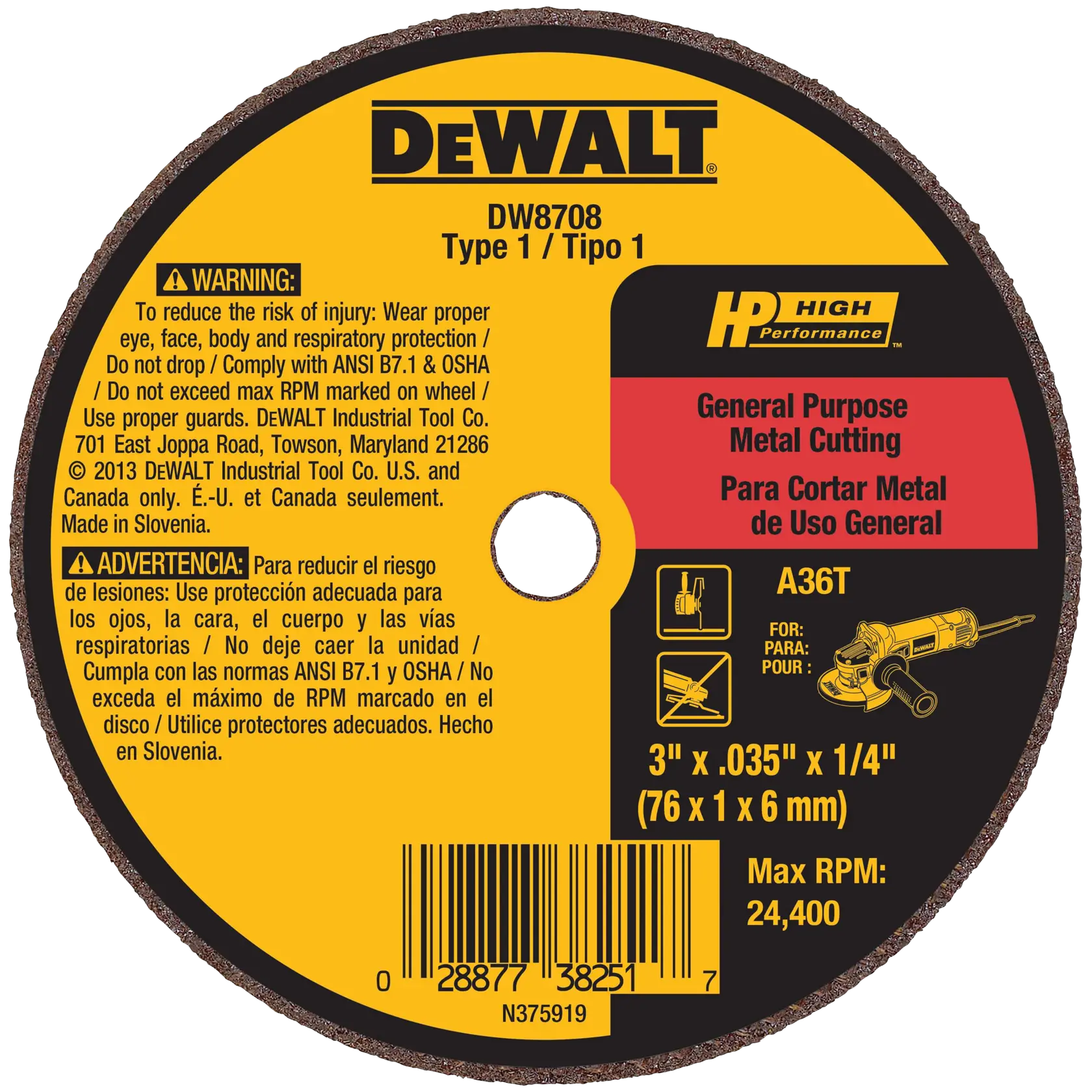 DEWALT® 3-in. x .035-in. x 1/4-in. A36T Fast Cutting Wheel