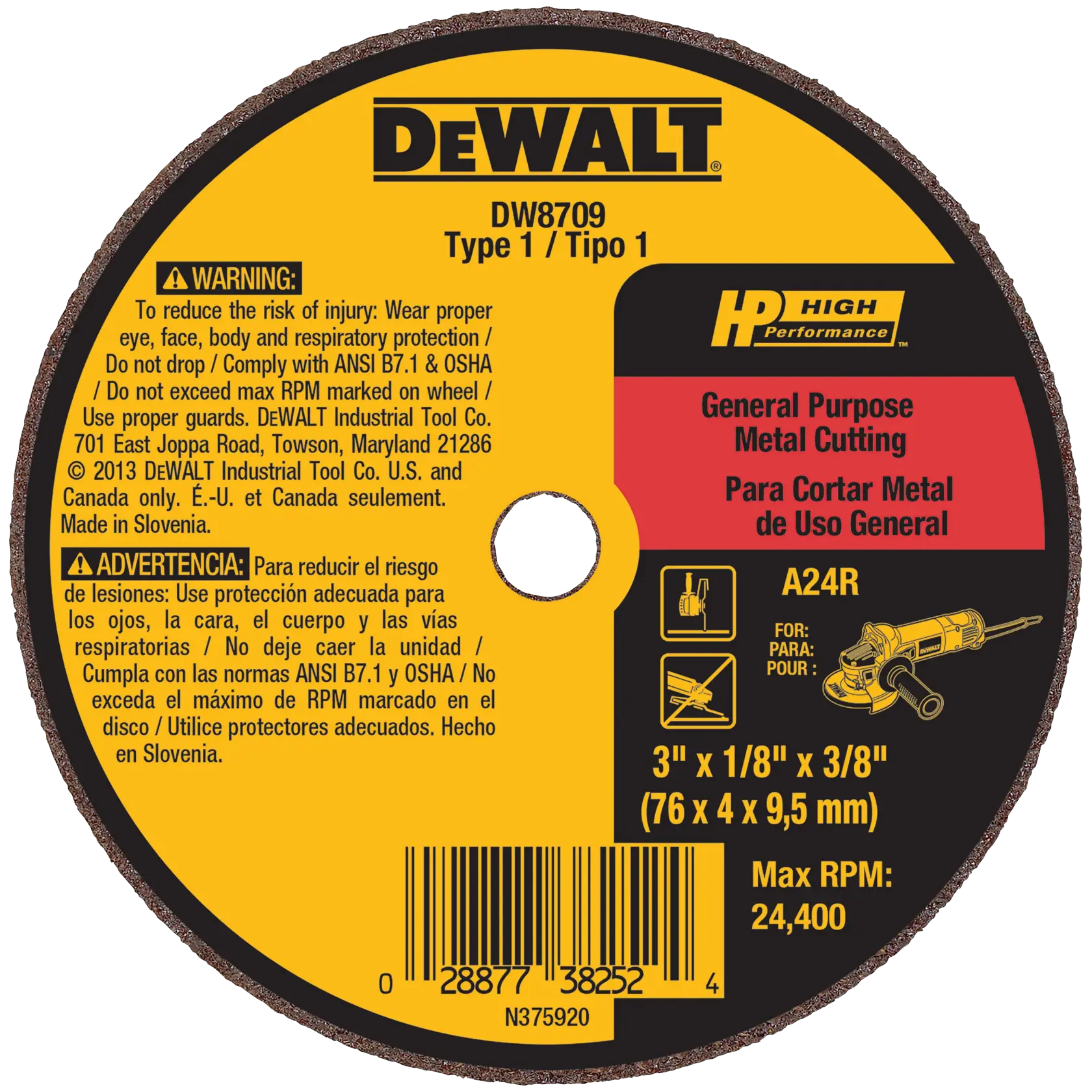 DEWALT® HP™ 3-in. x 1/8-in. x 3/8-in. A24R Metal & Stainless Cutting & Grinding Wheel
