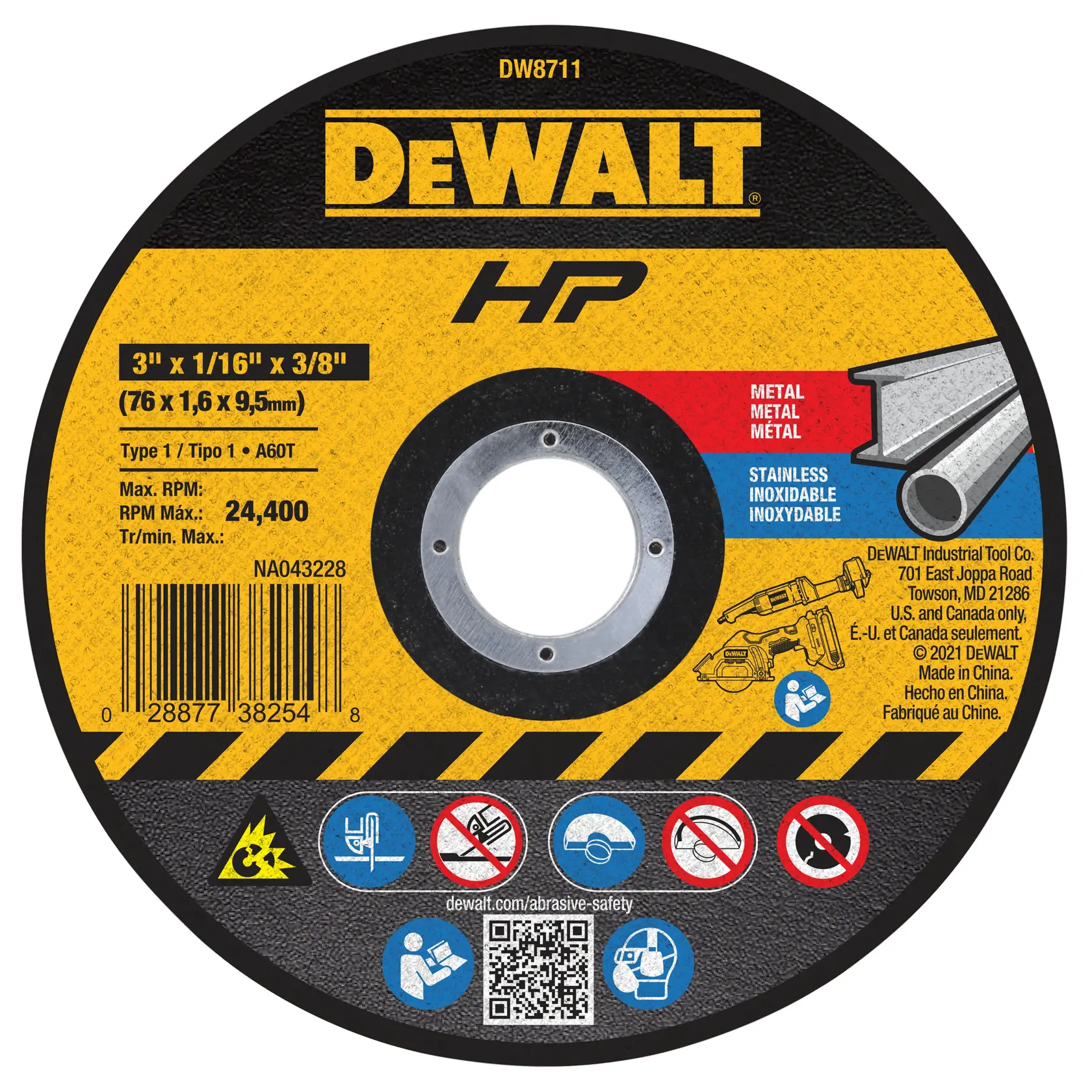 DEWALT® HP™ 3-in. x 1/16-in. x 3/8-in. A60T Metal & Stainless Cutting & Grinding Wheel