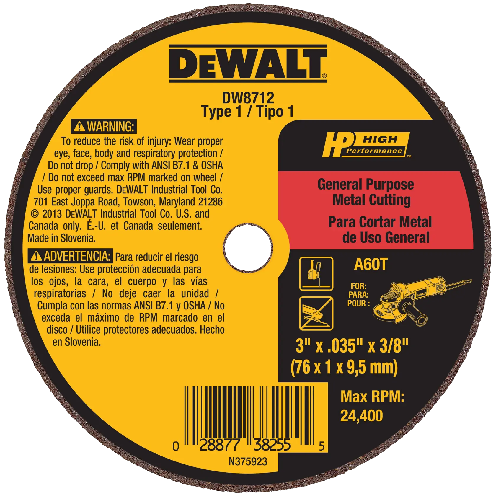 DEWALT® HP™ 3-in. x 0.035-in. x 3/8-in. A60T Metal & Stainless Cutting & Grinding Wheel