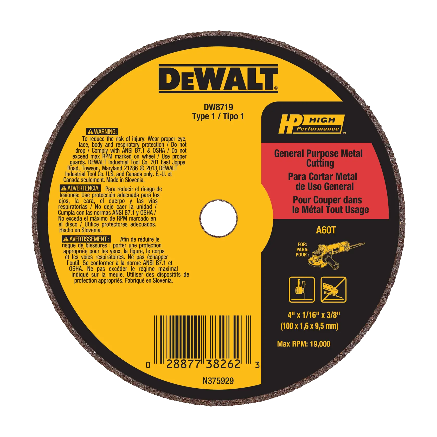 DEWALT® HP™ 4-in. x 1/16-in. x 3/8-in. A60T Metal & Stainless Cutting & Grinding Wheel