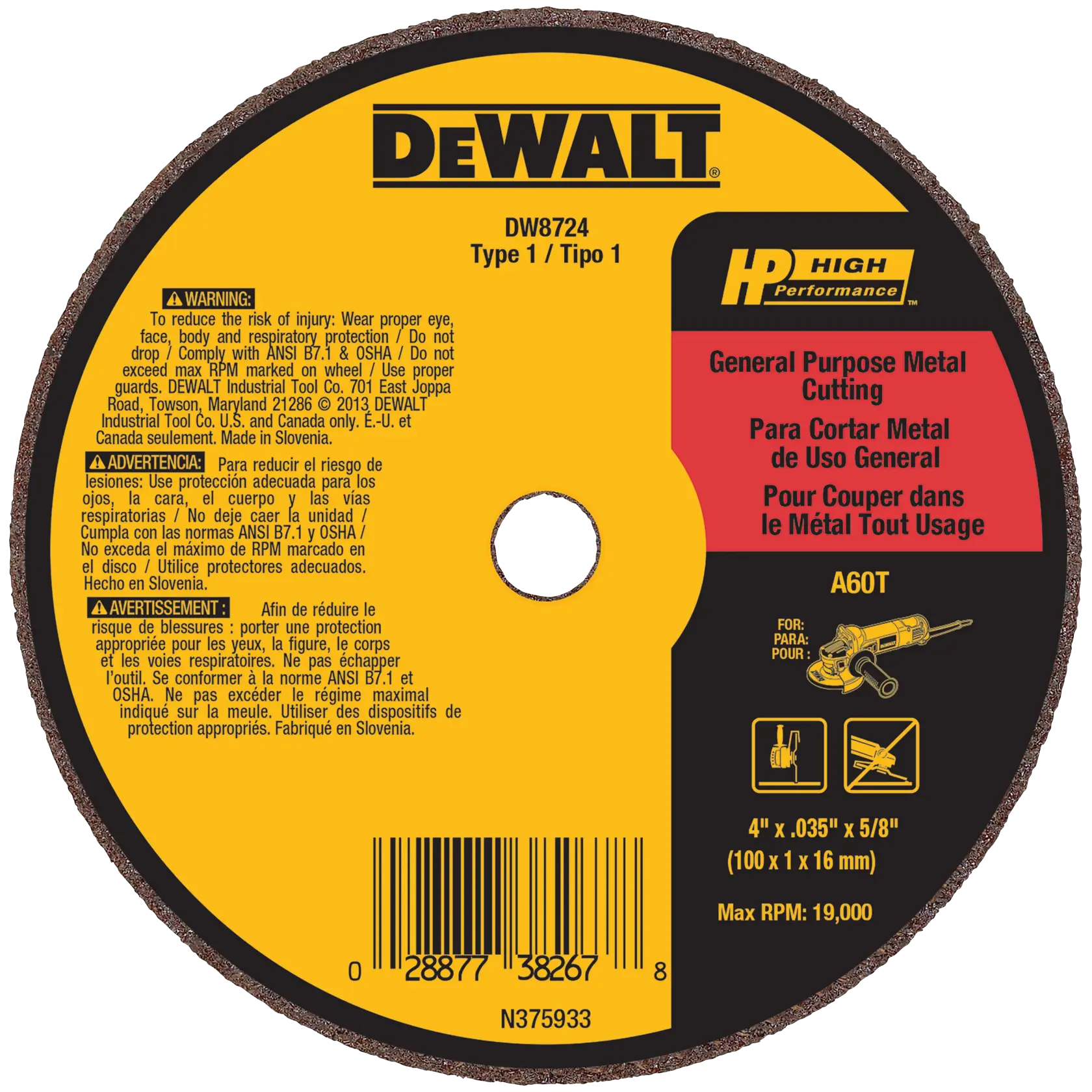 DEWALT® HP™ 4-in. x 0.035-in. x 5/8-in. A60T Metal & Stainless Cutting & Grinding Wheel