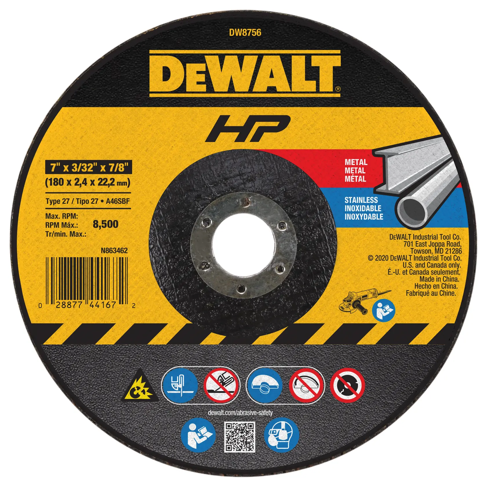 DEWALT® HP™ 7-in. x 3/32-in. x 7/8-in. T27 Cutting & Notching Wheel