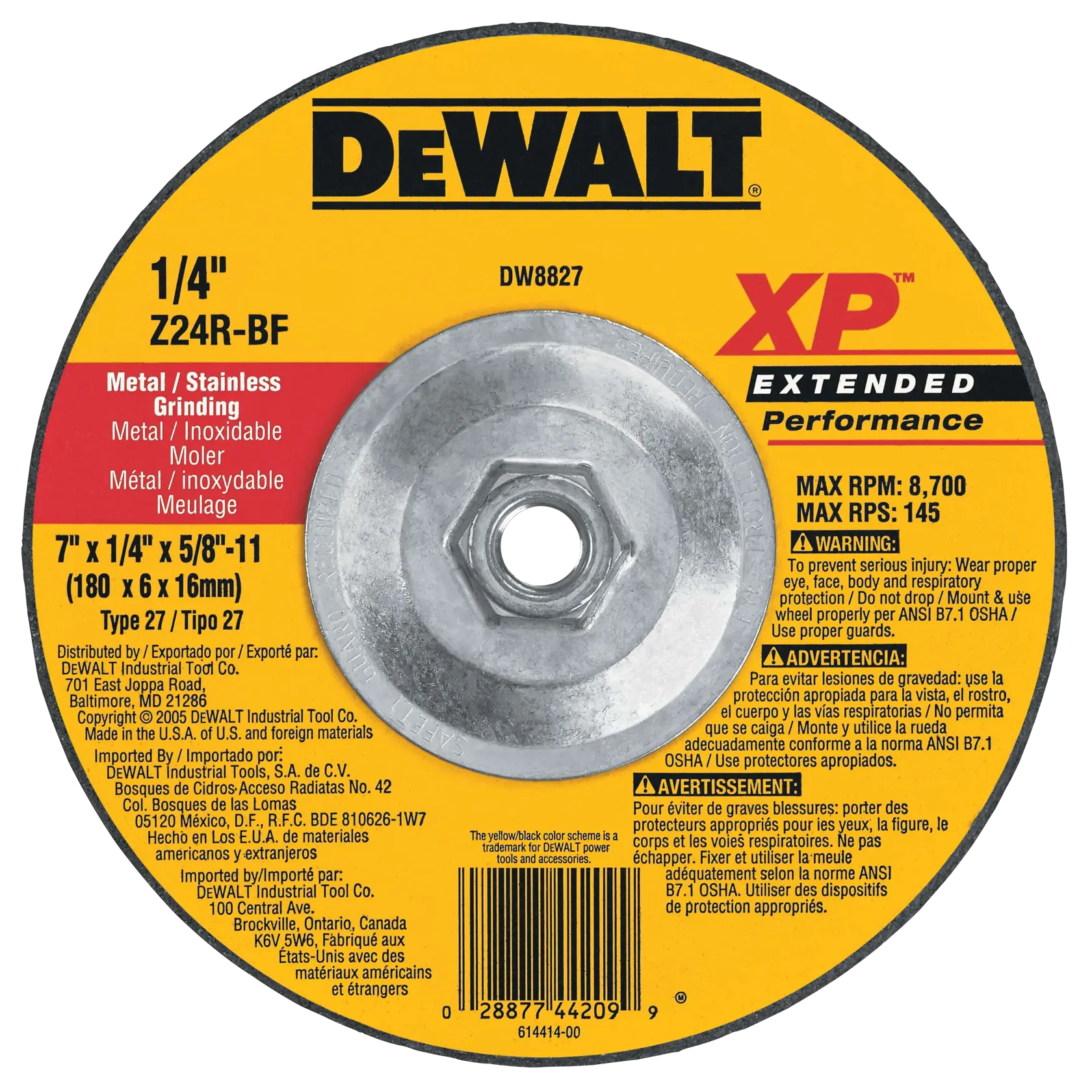 DEWALT® XP™ 7-in. x 1/4-in. x 5/8-in.-11 T27 Zirconia Metal Grinding Wheel