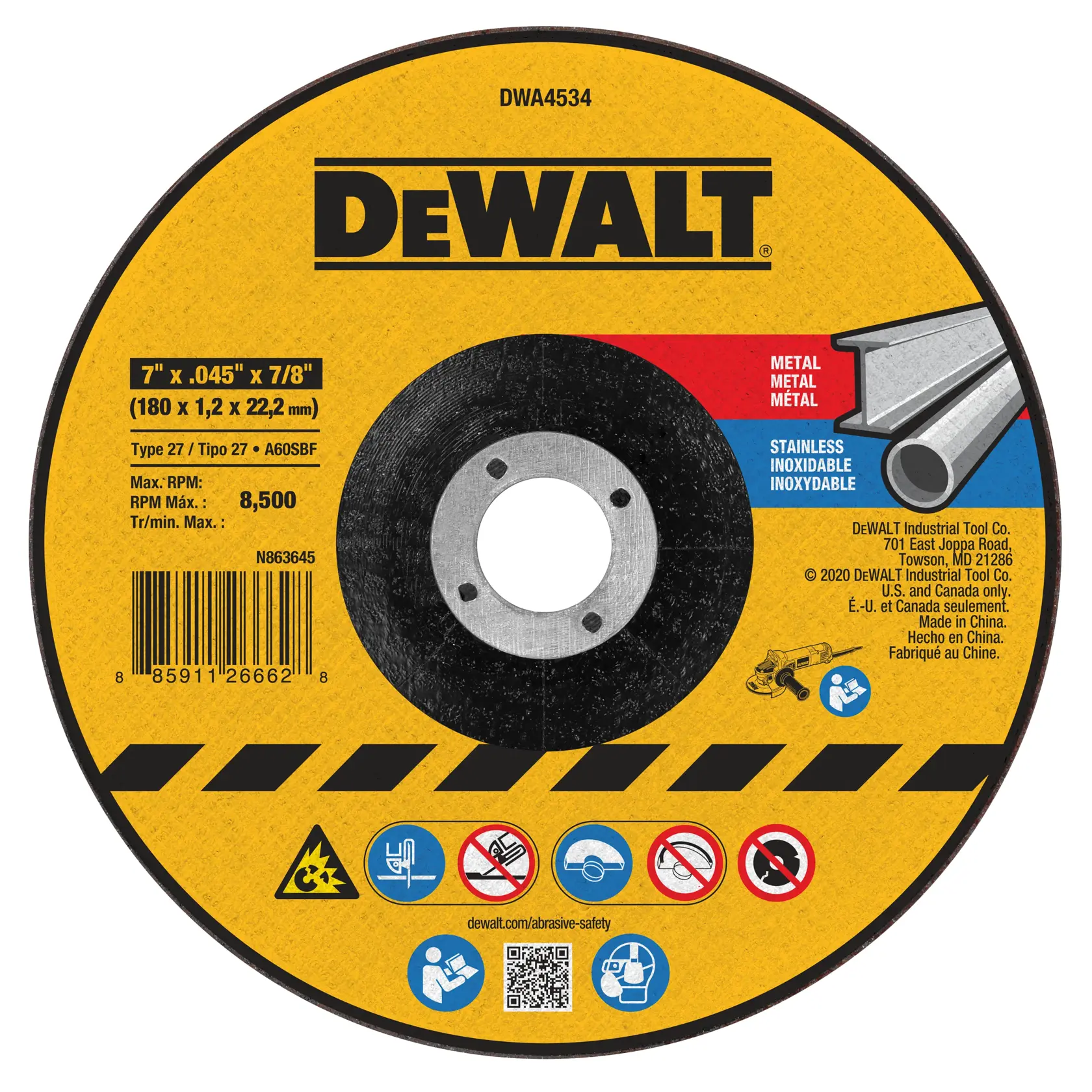 DEWALT® 7-in. x .045-in. x 7/8-in. T27 Aluminum Oxide Metal Cut-Off Wheel