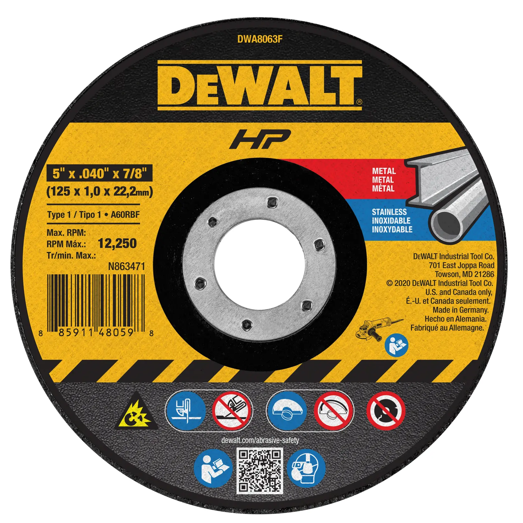 DEWALT® HP™ 5-in. x .040-in. x 7/8-in. T1 Cut-Off Wheel for Metal & Stainless