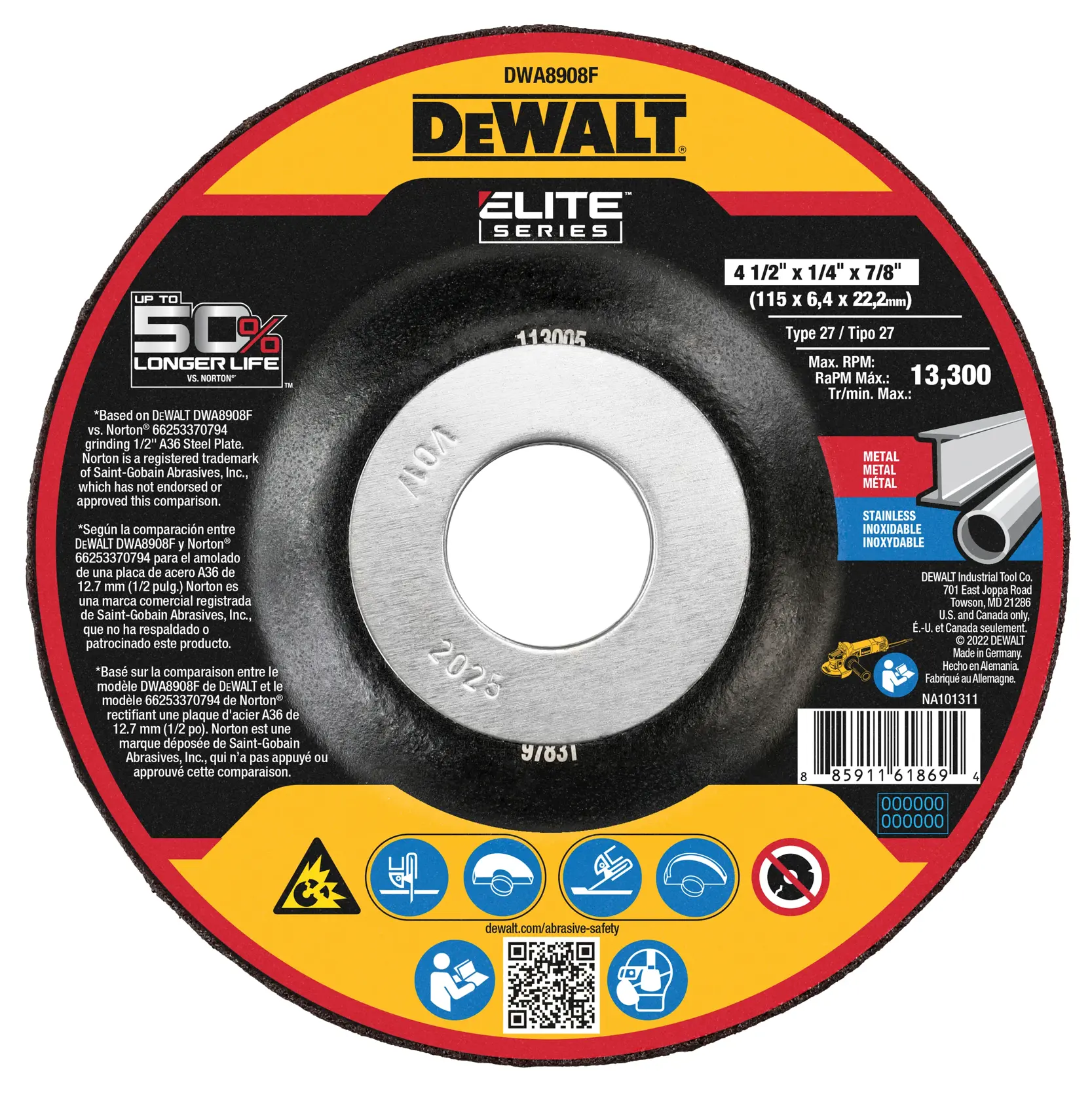DEWALT® ELITE SERIES™ 4-1/2-in. x 1/4-in. x 7/8-in. T27 Ceramic Grinding Wheel