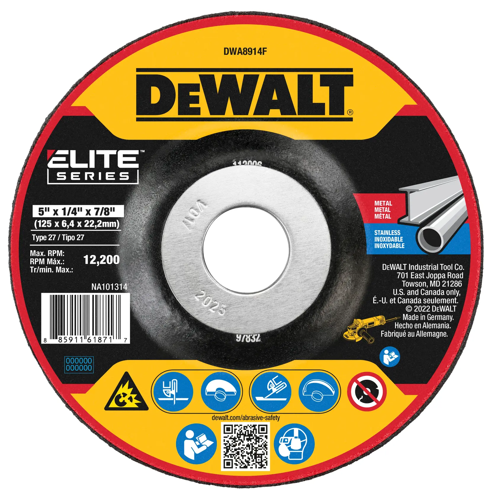 DEWALT® ELITE SERIES™ 5-in. x 1/4-in. x 7/8-in. T27 Ceramic Grinding Wheel