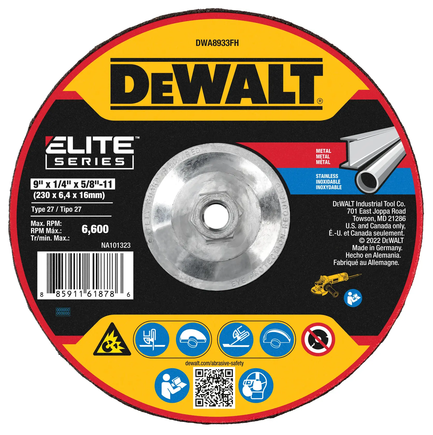 DEWALT® ELITE SERIES™ 9-in. x 1/4-in. x 5/8-in.-11 T27 Ceramic Grinding Wheel