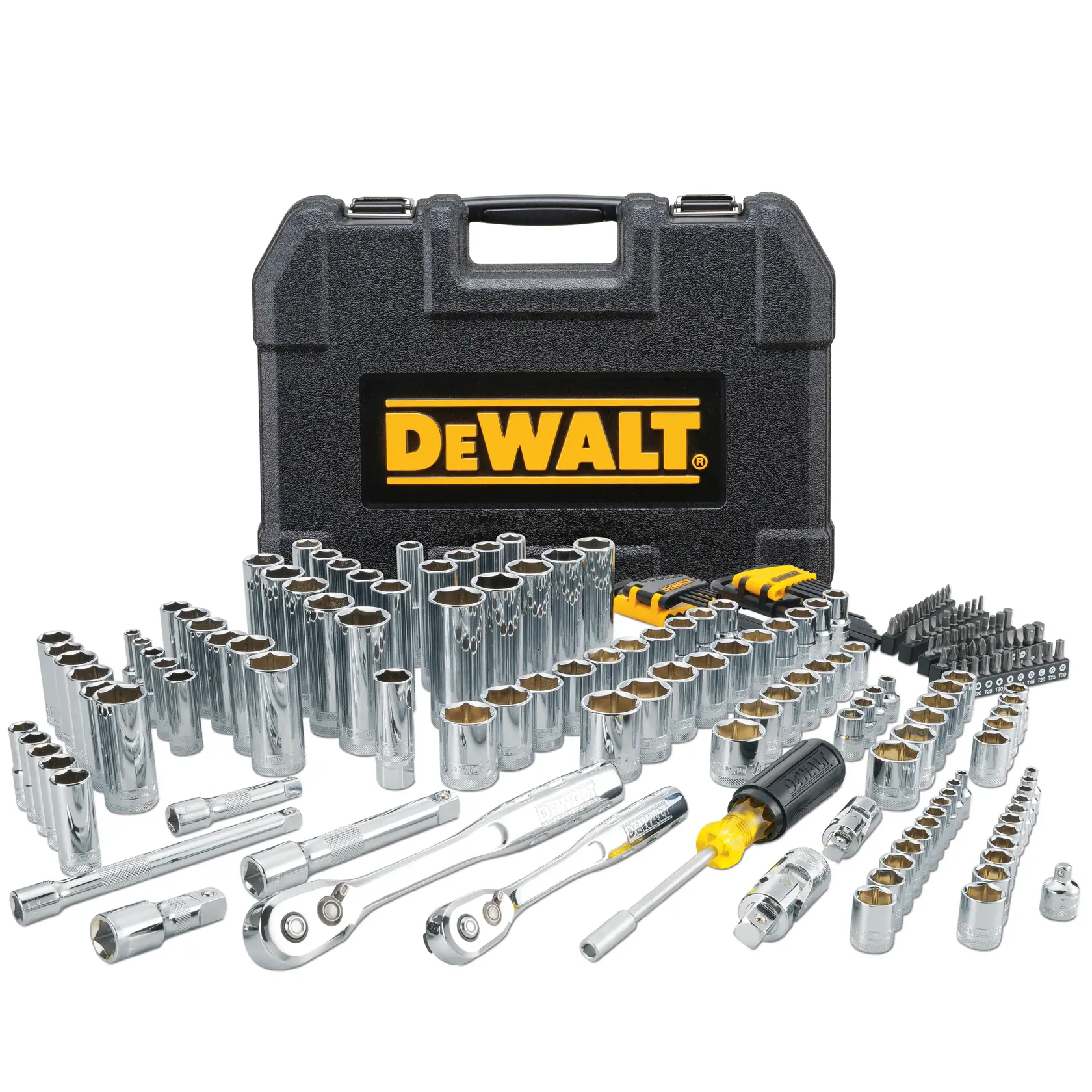 DEWALT® 1/4-in. (6.4mm), 3/8-in. (9.5mm), & 1/2-in. (13mm) Drive Standard (SAE) and Metric Mechanics Tool Set (200-Piece)