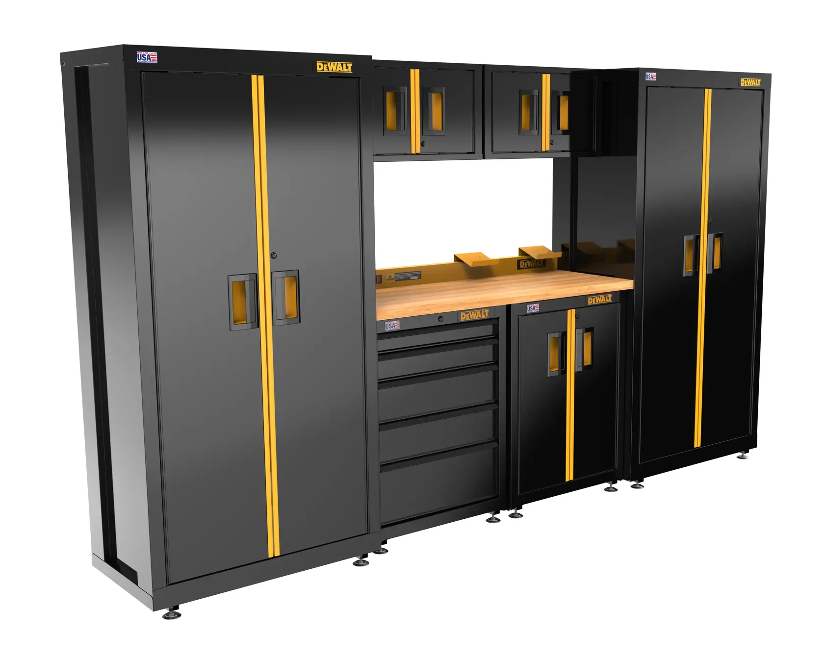 DEWALT® 126-in. Wide, 7 Piece Welded Storage Suite with 2-Door and 5-Drawer Base Cabinets and Wood Top