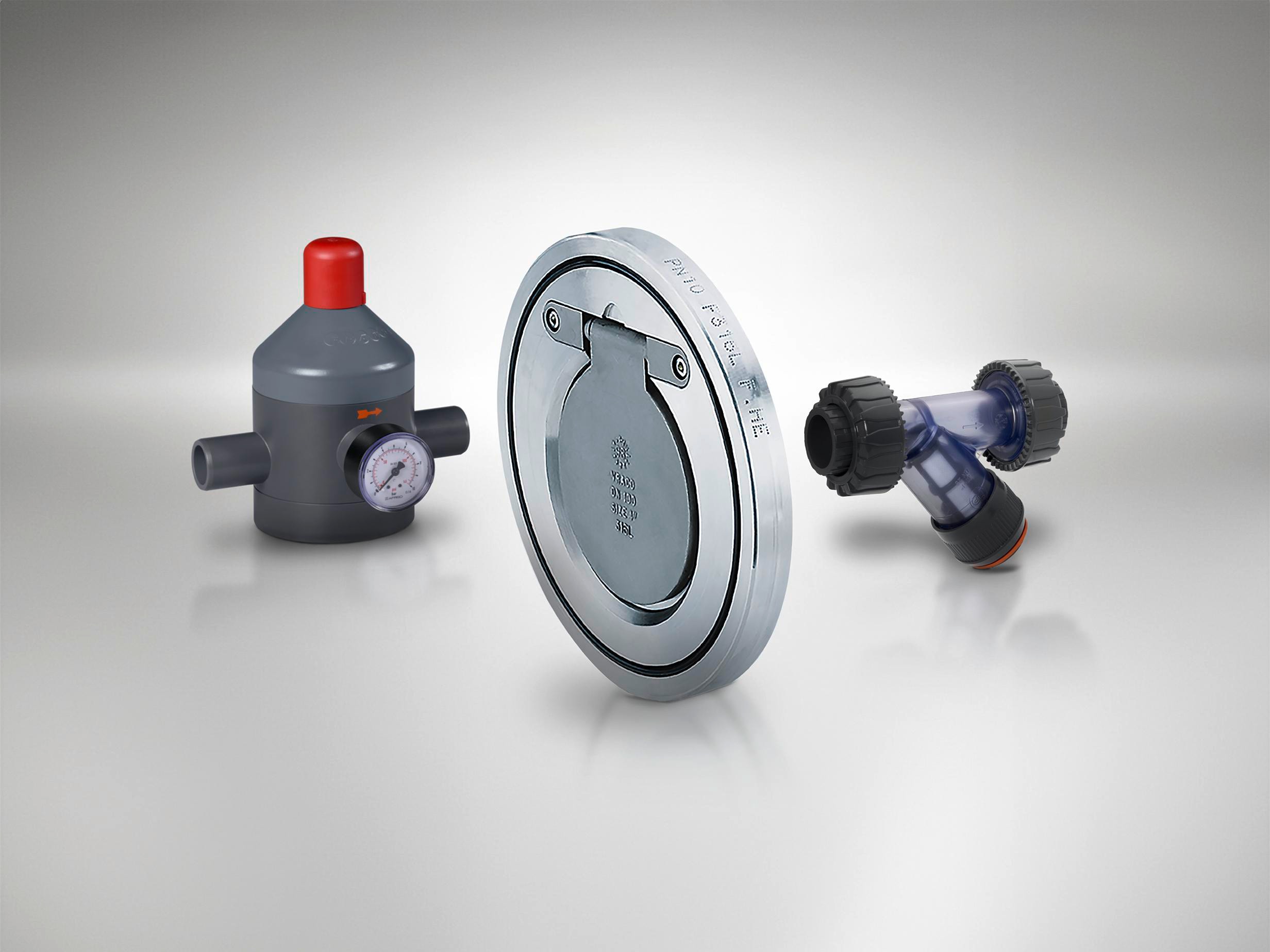 Pressure control valves, check valves, and strainers