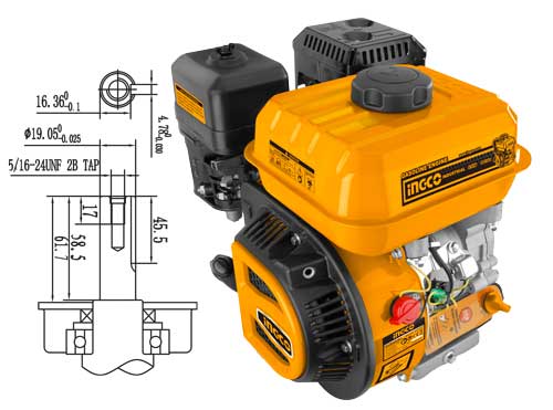 GEN1682Gasoline engineMax.output:6.5HPCamshaft diameter:19mm,Q TYPEMax.torque:12.4Nm