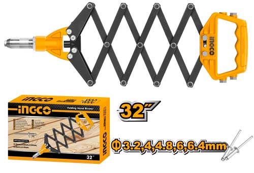 HFOR321Folding hand riveterSize:815mm,32"Applicable rivet size:3.2mm,4mm,4.8mm,6mm,6.4mmFold type
