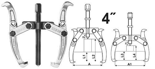 HGP08024Two jaws pullerSize:4material:Cr-vheat treatedA=160MM,A1=155MM,L1=50MM,L2=140MM,L3=50MM,L4=105MM