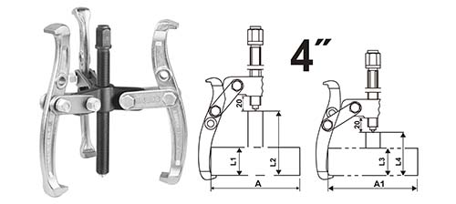 HGP08034Three jaws pullerSize:4material:Cr-vheat treatedA=120MM,A1=125MM,L1=40MM,L2=87MM,L3=38MM,L4=60MM
