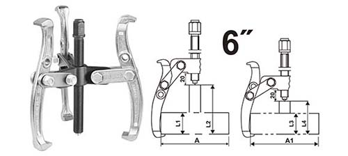 HGP08036Three jaws pullerSize:6material:Cr-vheat treatedA=175MM,A1=170MM,L1=50MM,L2=135MM,L3=50MM,L4=95MM