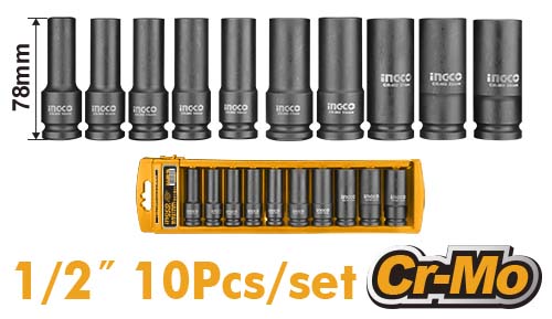 HKISSD12102L10 Pcs 1/2" deep impact socket set10 Pcs 1/2"DR. Deep impact socket setDeep impact socket size:10.12.13.14.15.17.19.21.22.24mmlength:78mm