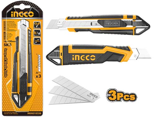 HKNS16538Snap-off blade knifeBlade Size:18mmx100mmWith 3 pcs SK5 bladesWith flat push button