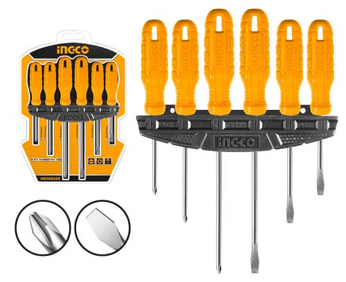 HKSD06586 Pcs screwdriver set1pcs SL5X75mm1pcs SL5X100mm 1pcs SL6X150mm1pcs PH1X75mm1pcs PH1X100mm 1pcs PH2X150mmwith 1 pcs plastic frameMaterial:40CrPacked by double blister