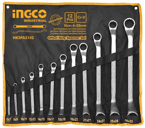 HKSPA314212Pcs Offset ring spanner set12pcs offset ring spanner setSize:6-32mm6x7mm,8x9mm,10x11mm,12x13mm,14x15mm,16x17mm,18x19mm,20x22mm,21X23mm,24X27mm,25X28mm,30X32mm