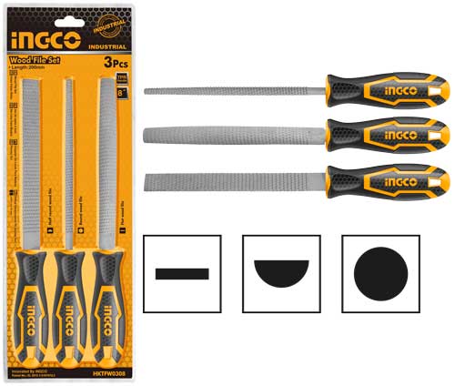 HKTFW03083 Pcs wood file setLength:8“/200mmFlat/Half round/RoundPacked by double blister