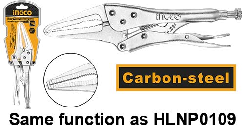 HLNP0209Long nose locking plierSize: 9"Carbon steelNickel plated