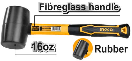 HRUH8216Rubber hammerWeight:16oz/450gRubber hammerheadUnique design fiberglass handle