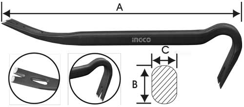 HWBA01362Wrecking barSize(A*B*C):36"(900mm)*1-1/5"(30mm)*16/25"(16.0mm)Oval shank with notch(30°,68°)Packed by label