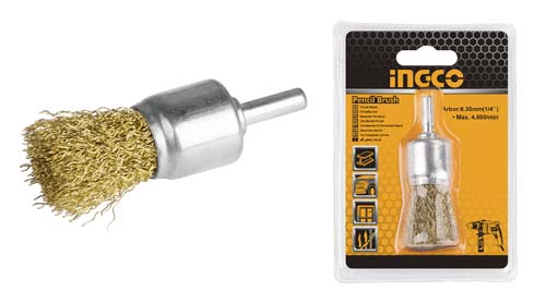 WB70241Pencil brushDia: 25mm, 1"Shank dia: 1/4"Wire dia: 0.3mm